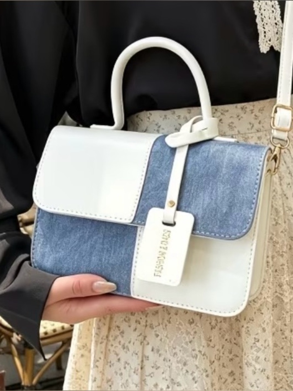 Two-Tone White and Denim Patchwork Top-Handle Crossbody Bag - Picture 2 of 7